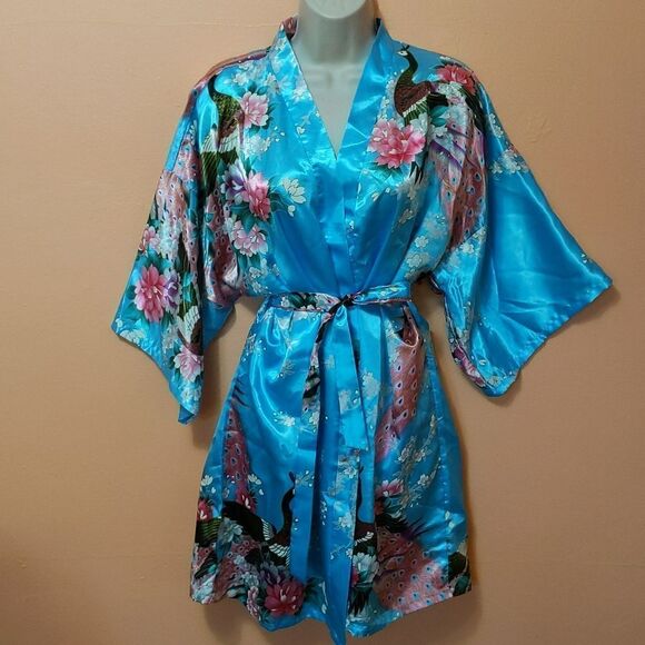 Vintage Mei Ye Si Da Peacock Floral Satin Kimono OS - Picture 6 of 7
